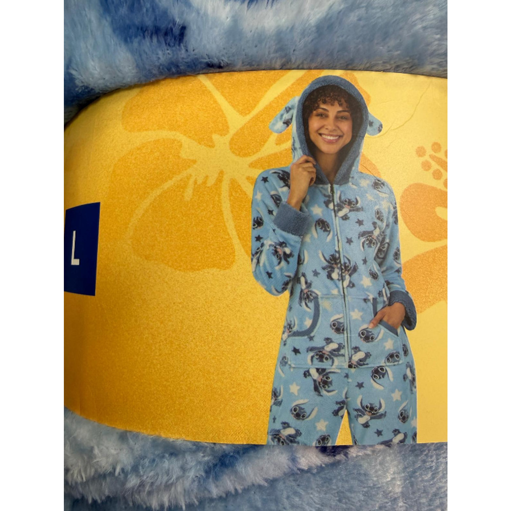 Disney Stitch Women’s One-piece Pajama Blue Jumper 3 D ears Hooded L New - Picture 4 of 5